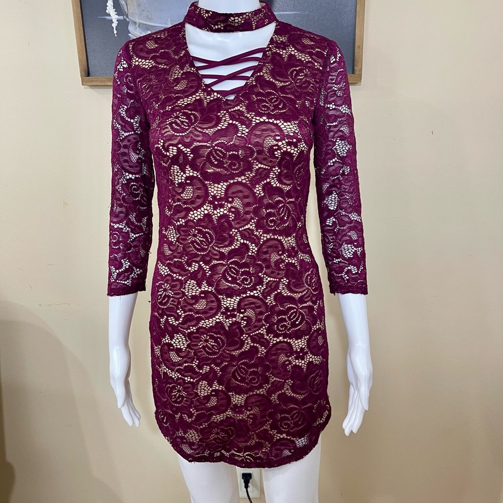 Crystal Doll Burgundy Lace Mini Dress